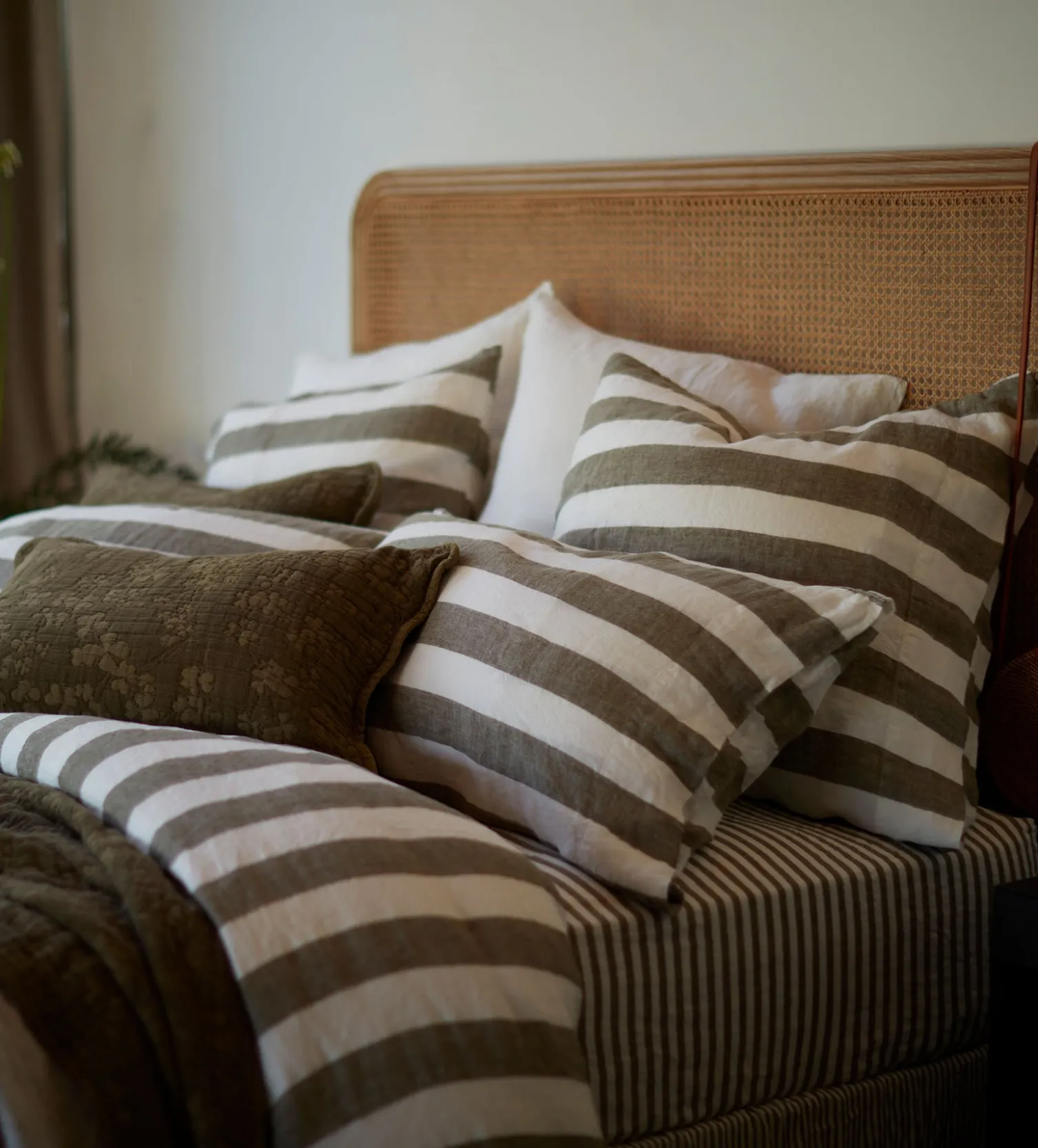 Secret Linen Store Dark Olive Cora Stripe 100% Linen Fitted Sheet