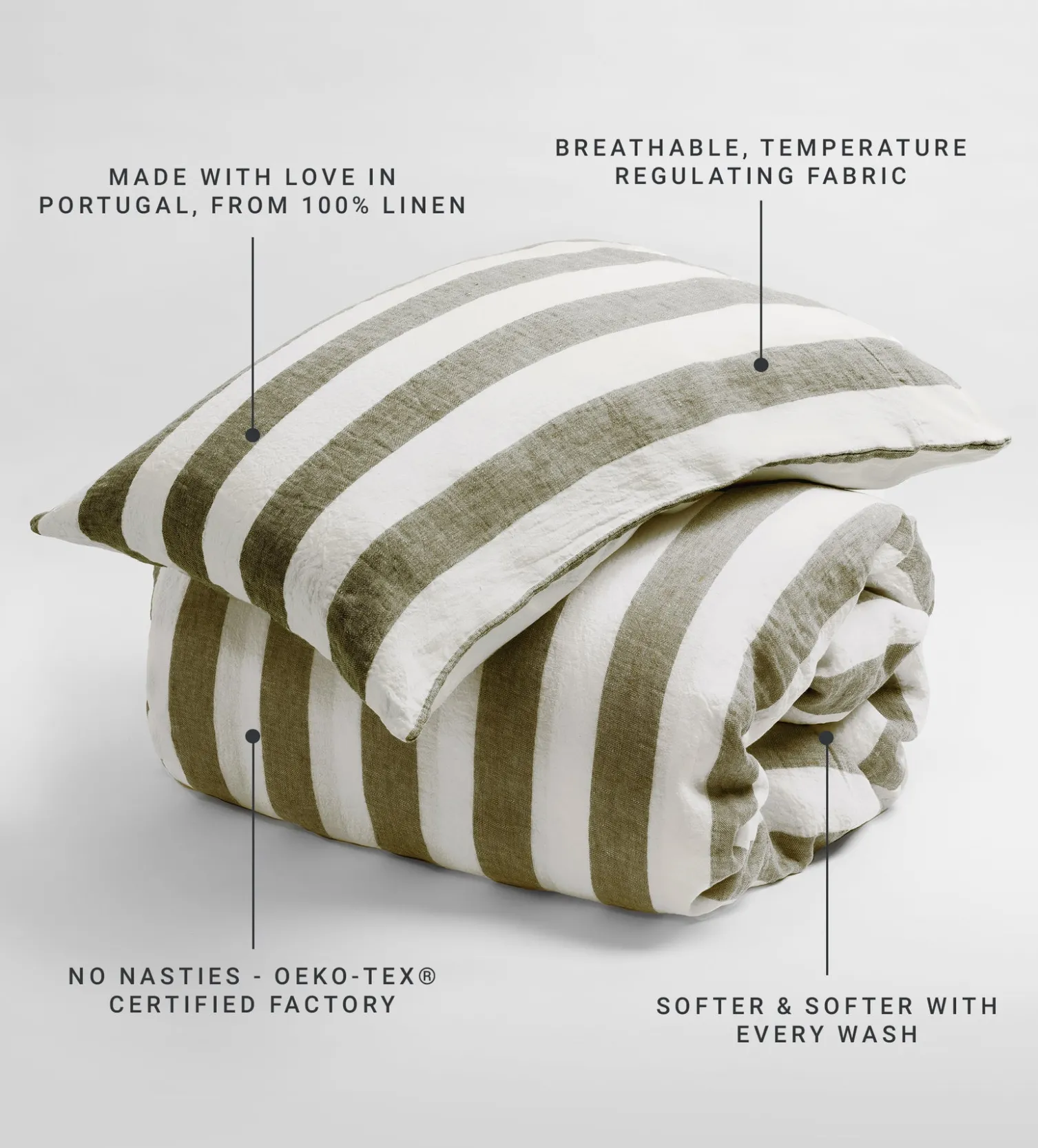 Secret Linen Store Dark Olive Cora Stripe 100% Linen Pillowcase