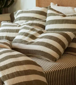 Secret Linen Store Dark Olive Cora Stripe 100% Linen Duvet Cover