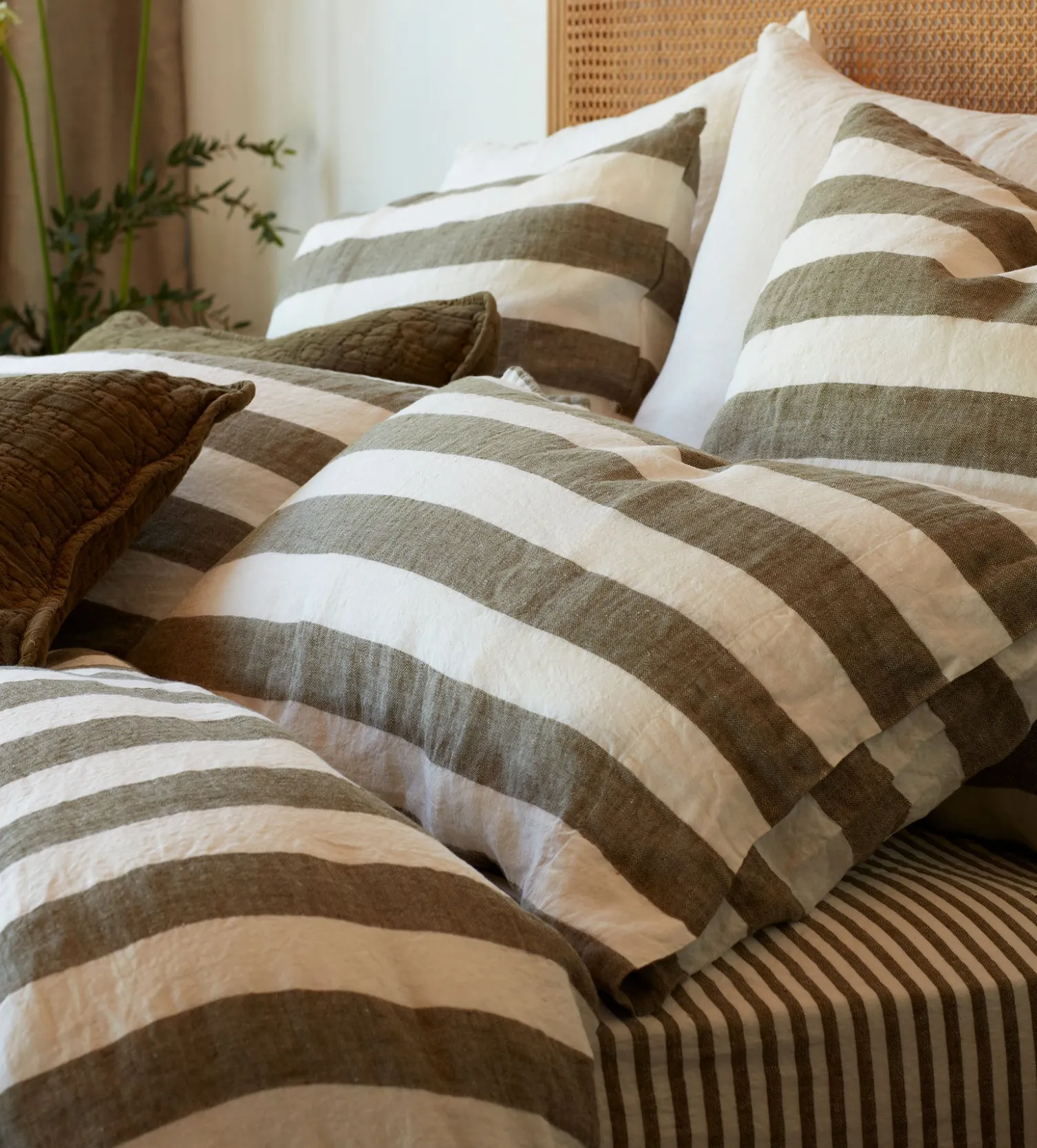 Secret Linen Store Dark Olive Cora Stripe 100% Linen Duvet Cover