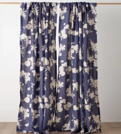 Secret Linen Store Ink Blue Flower Press Linen Blend Loop Top Curtain (Single)