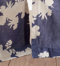 Secret Linen Store Ink Blue Flower Press Linen Blend Loop Top Curtain (Single)