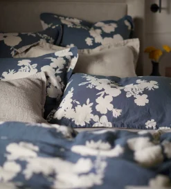 Secret Linen Store Ink Blue Flower Press Linen Blend Duvet Cover