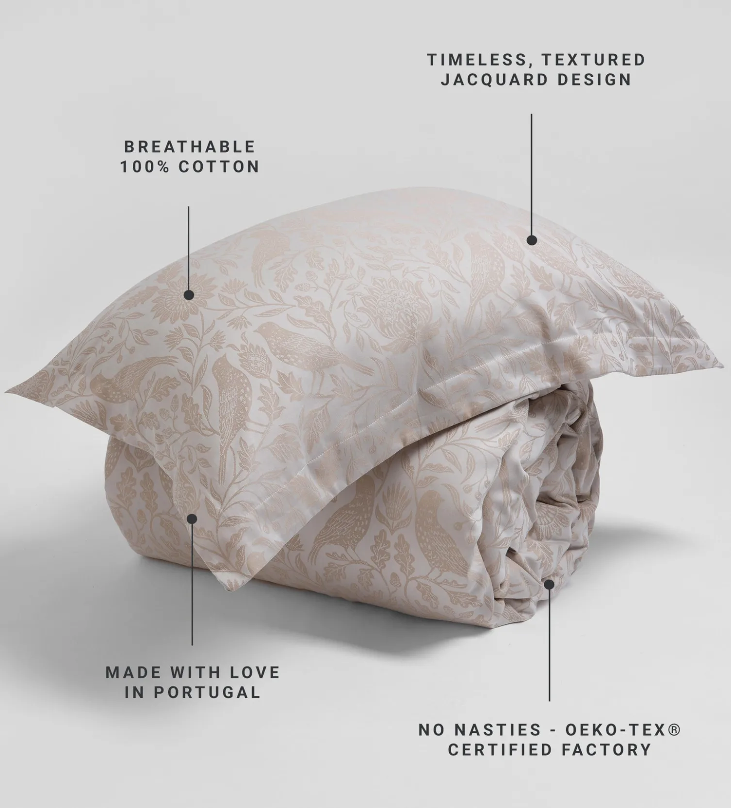 Secret Linen Store Natural Birdie Jacquard 100% Cotton Pillowcase