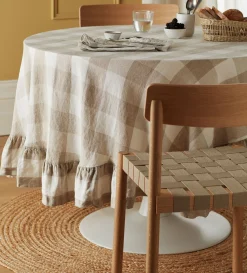 Secret Linen Store Natural Gracie Gingham 100% Linen Frill Tablecloth