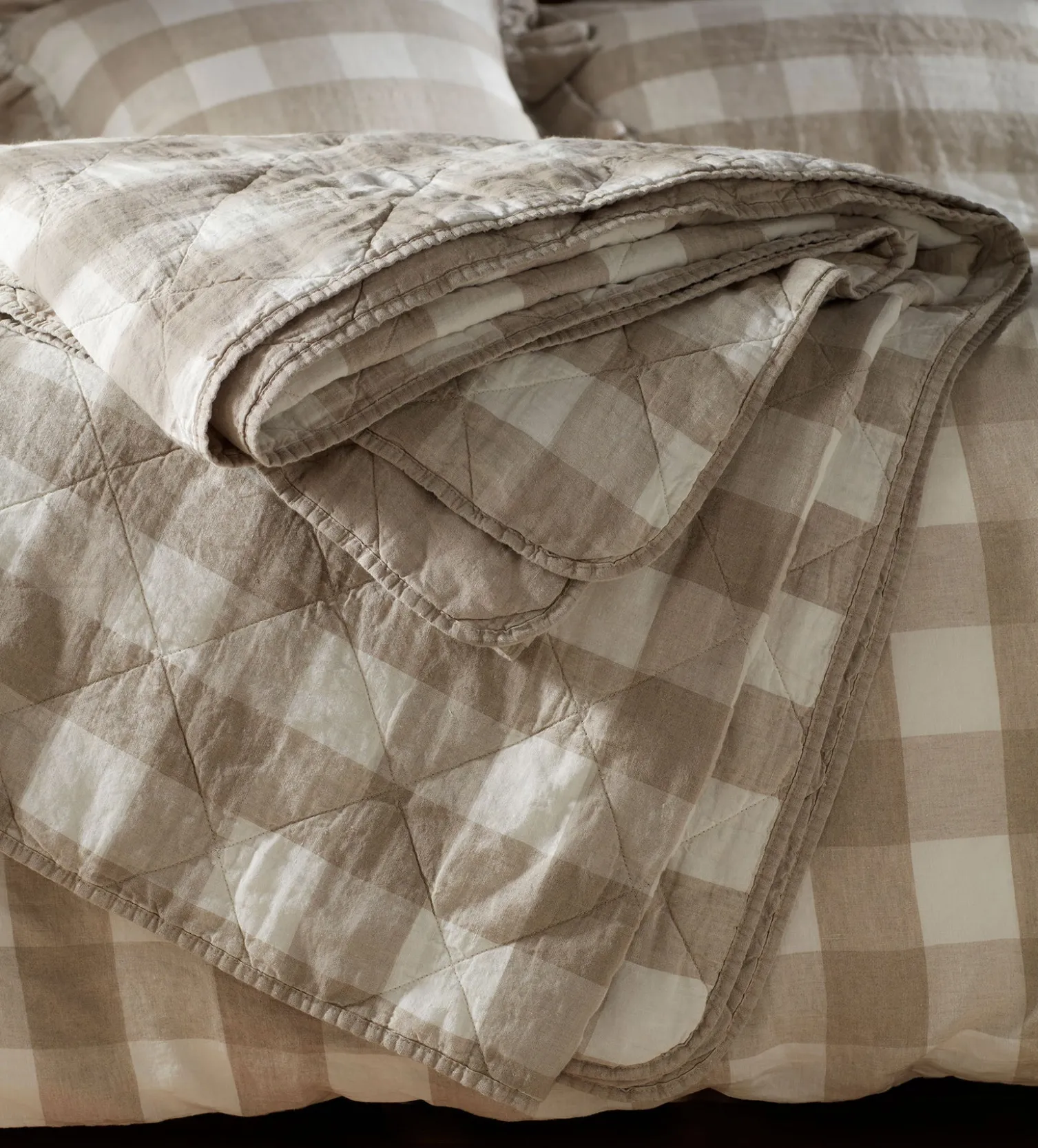 Secret Linen Store Natural Gracie Gingham Linen Quilted Throw