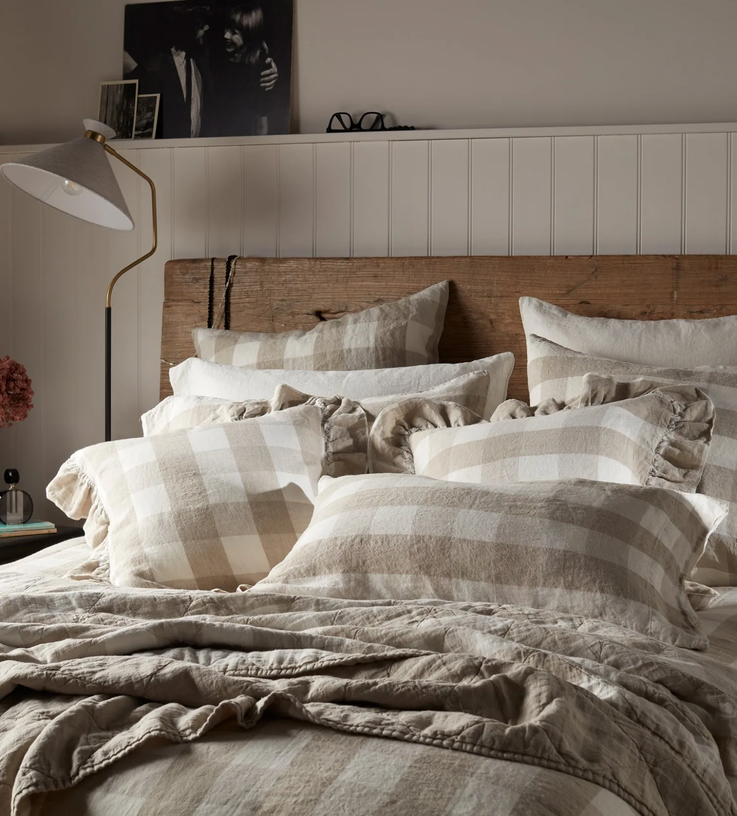 Secret Linen Store Natural Gracie Gingham Linen Quilted Throw