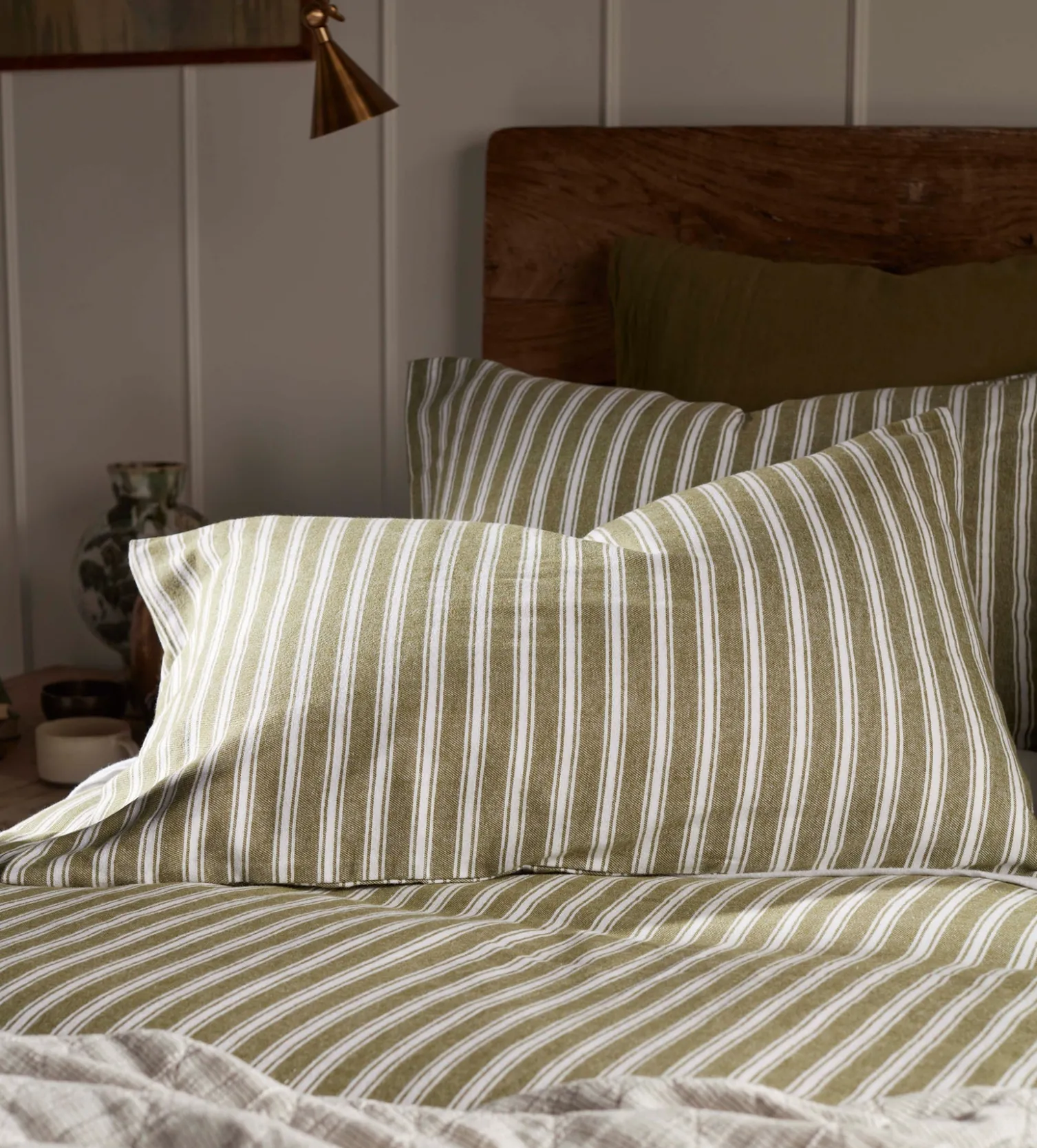 Secret Linen Store Olive Green Fred Stripe Brushed 100% Organic Cotton Pillowcase