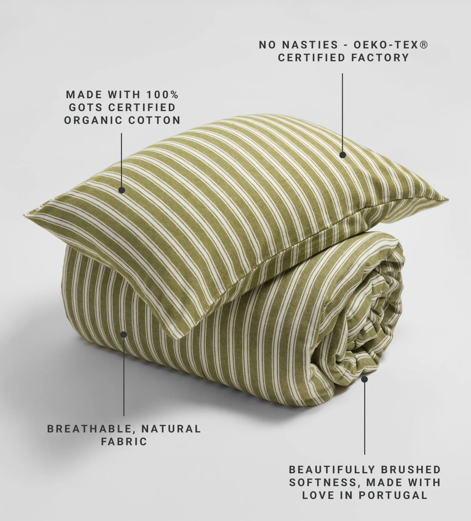 Secret Linen Store Olive Green Fred Stripe Brushed 100% Organic Cotton Pillowcase