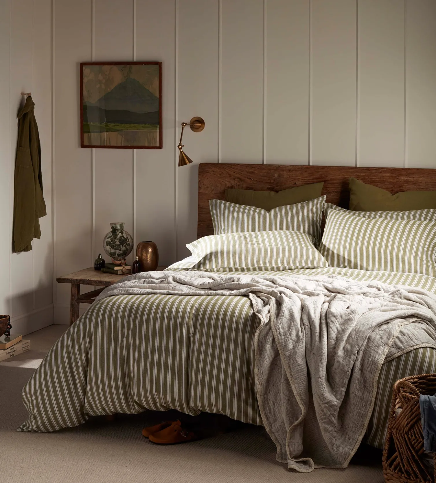 Secret Linen Store Olive Green Fred Stripe Brushed 100% Organic Cotton Pillowcase