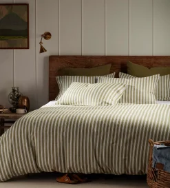 Secret Linen Store Olive Green Fred Stripe Brushed 100% Organic Cotton Duvet Cover
