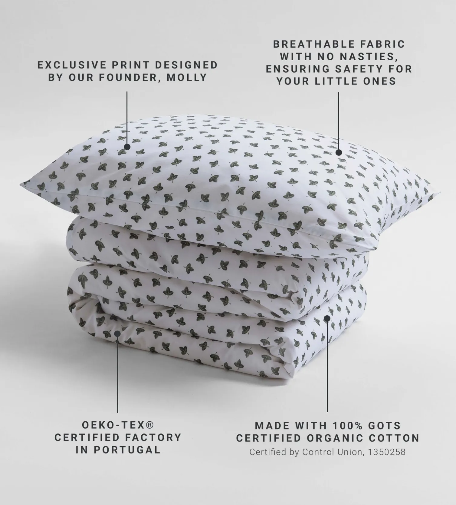 Secret Linen Store Olive Little Leaf 100% Organic Cotton Duvet Cover Set