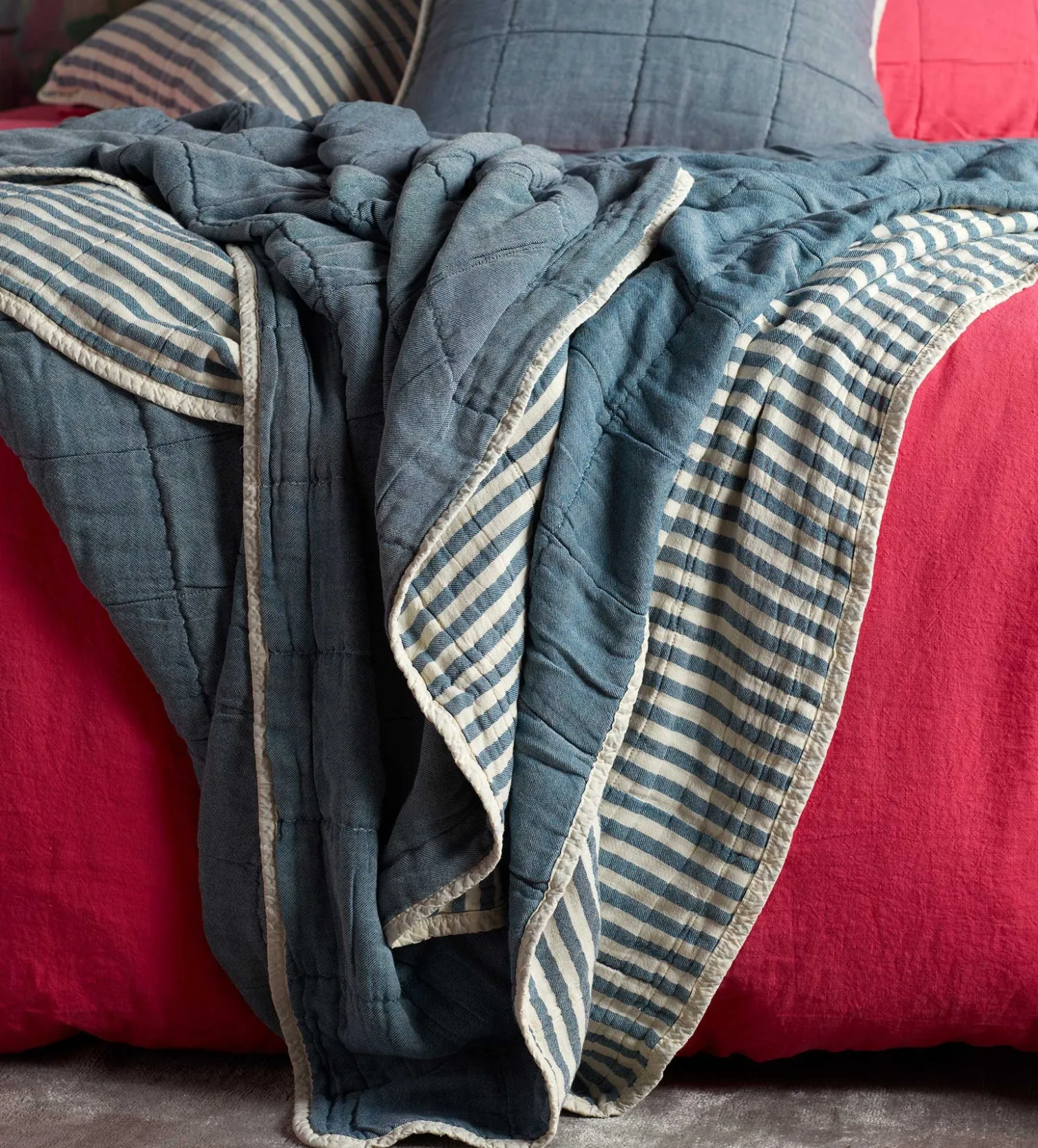 Secret Linen Store Teal Sam Stripe 100% Cotton Quilted Throw